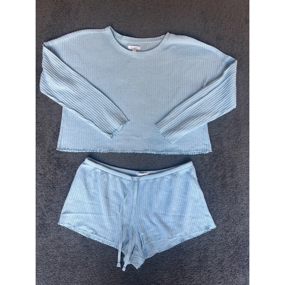 LC Lauren Conrad Pajama Set Womens Large Light Blue Waffle Knit Drawstring Waist